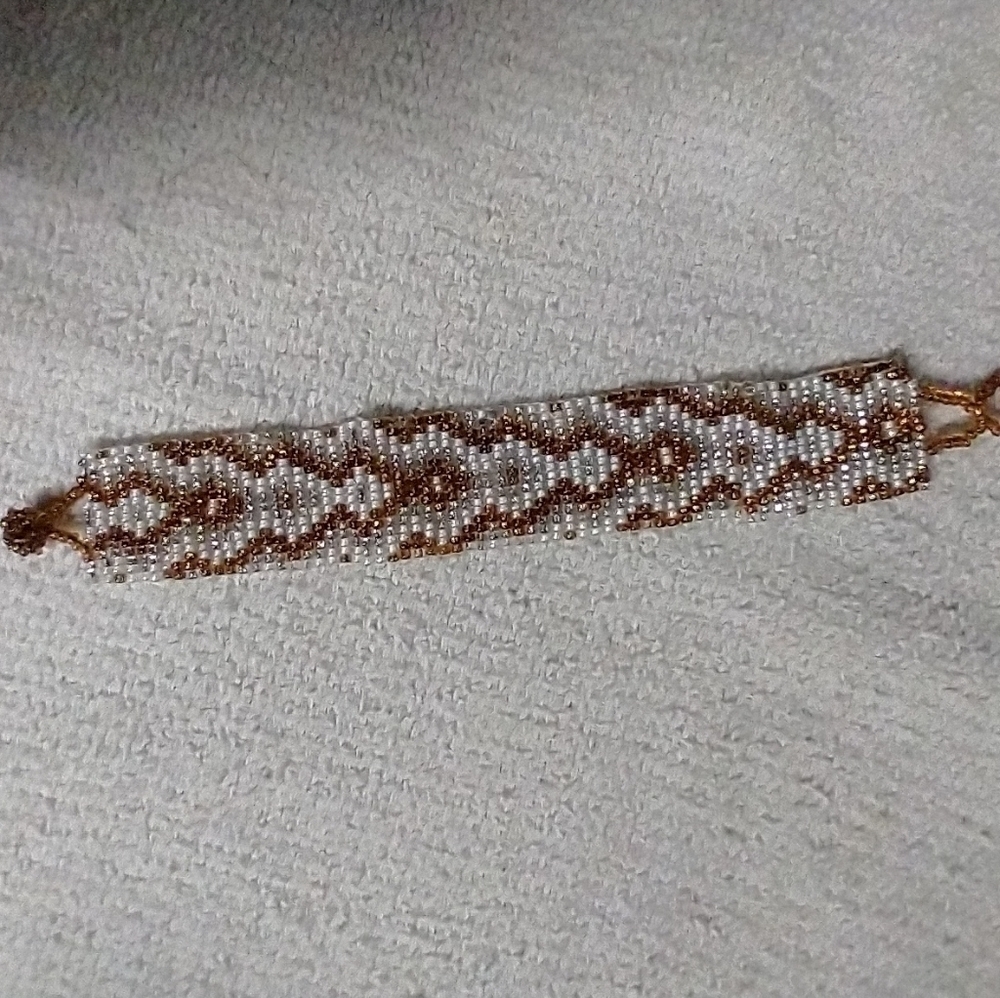Gold white wide beaded flat tribal ethnic bracelet